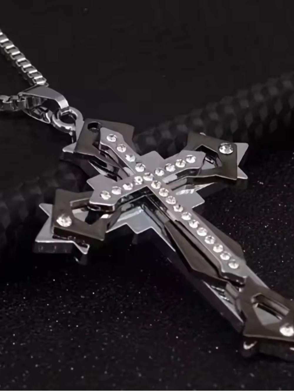 Men's Black Stainless Steel Cross Pendant Necklace with Crystals